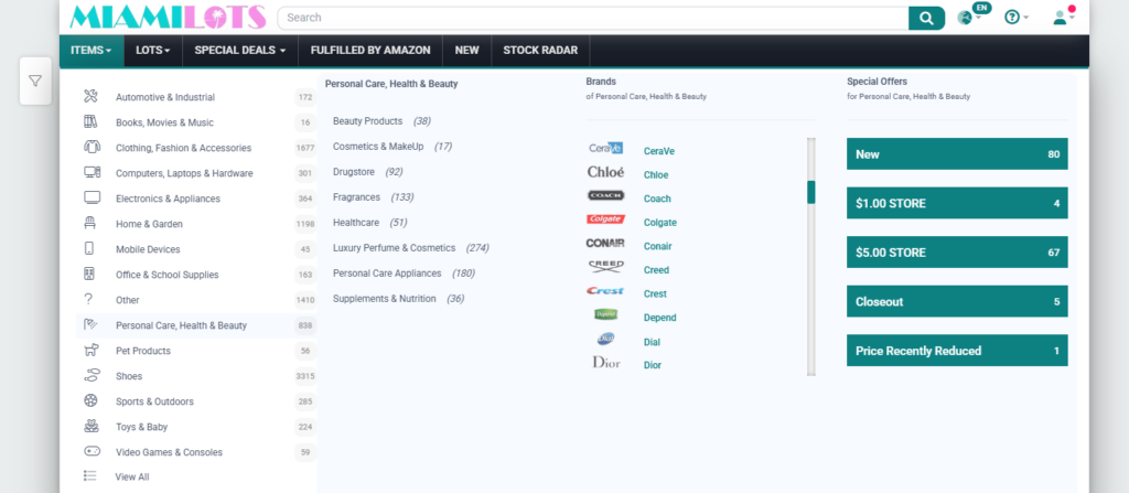 Items menu showing the Personal care, Health, & Beauty liquidation offers with hundreds of branded items in multiple subcategories. Screenshot also contains buttons for special offers such as newest products, $1 store, $5 store, Closeouts, products with recently reduces price.