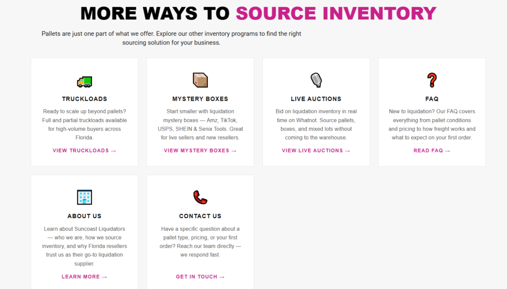Screenshor from the Soncoast Liquidators official website showing ways customers can sourse inventory from them. They list Truckloads, Mystery boxes, and Live Auctions on Whatnot as options.