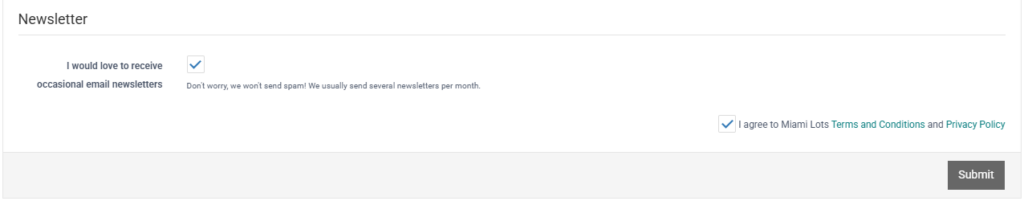 Registration and customer process demo of Miami Lots showing user has agreed to receive emails with liquidation deals and has agreed to our Terms and conditions and privacy policy. These are the last steps that have to be completed before clicking 'Submit'.